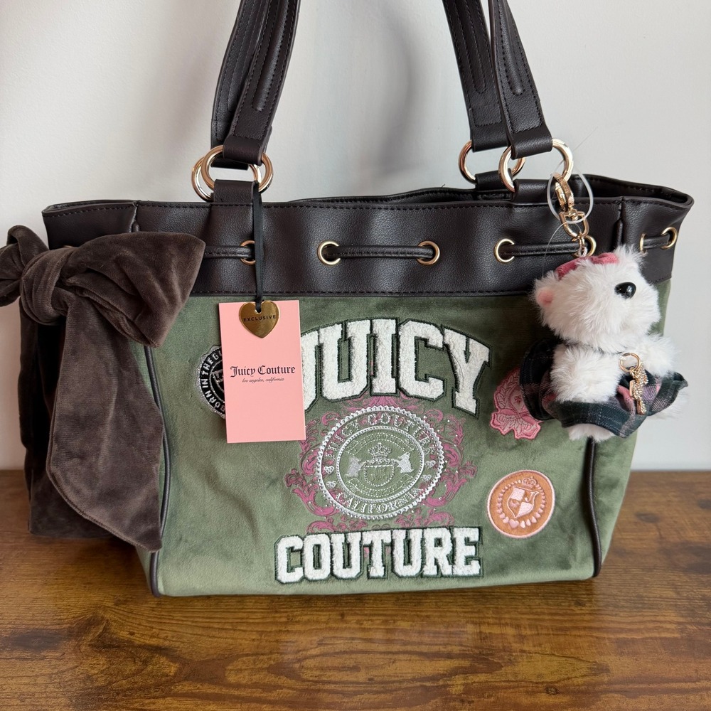 New Juicy Couture Varsity Green Brown Daydreamer Tote Shoulder Handbag Charm